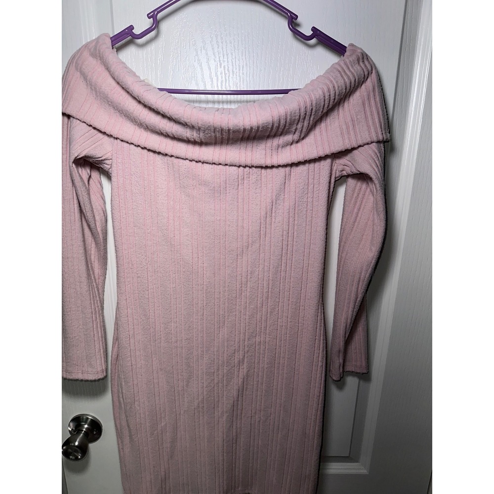 Charlotte Russe Pink Ribbed Off The Shoulder Long Sleeve Mini Dress Small
